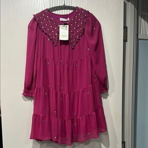 Zara Magenta Kids Holiday Dress with Embellished Collar